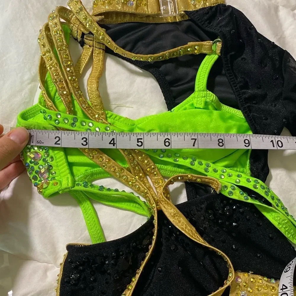 Glamour solo dance costume leotard Money green embellished rhinestone SC child
